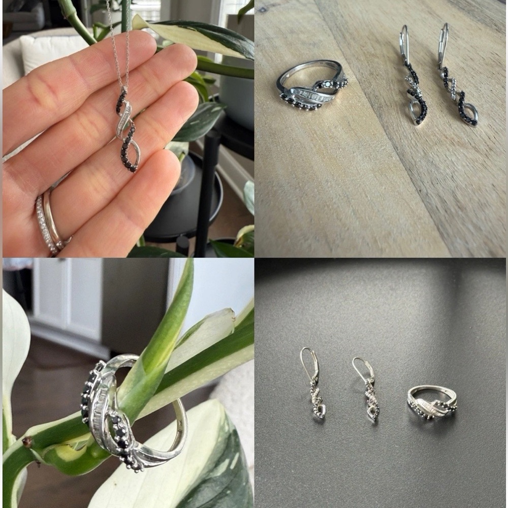 10K White Gold, White/Black Diamond Pavé Setting Necklace, Ring, Earrings Set